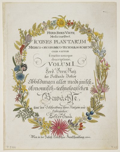 Frontispiece and Title Page, Vol. I, from Icones Plantarum Medico-Oeconomico-Technologicarum cum Earum Fructus ususque Descriptione, 1800 by Ferdinand Bernhard Vietz
